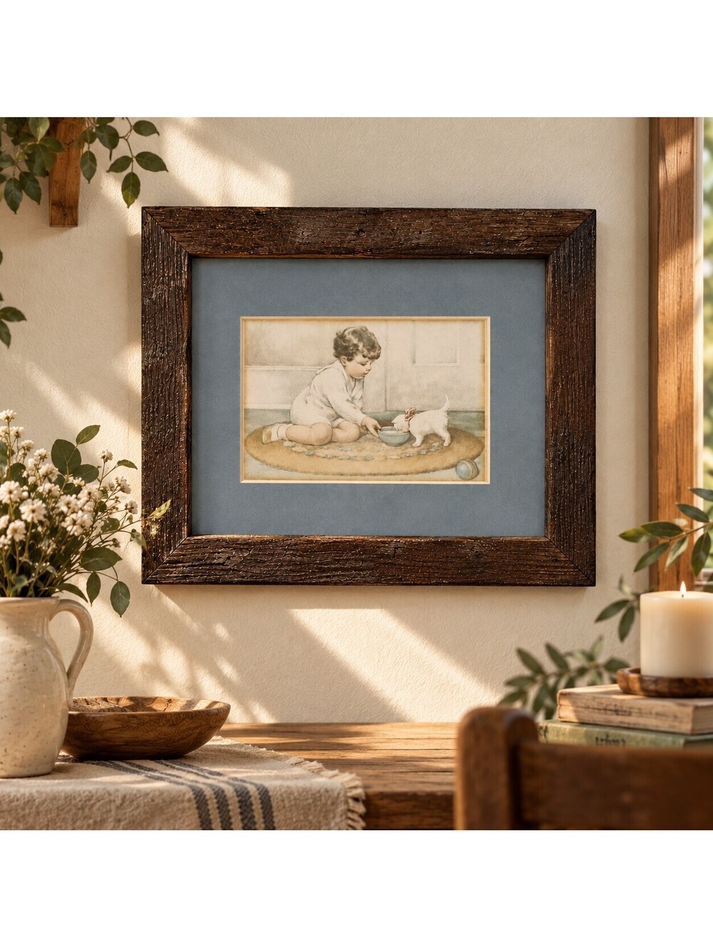 Vintage Original Raisinrak Child & Puppy Framed Art Reclaimed California Wood